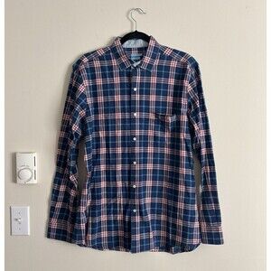 J. McLaughlin Mens Large Trim Fit Casual Button Up Shirt Plaid Preppy Red Blue